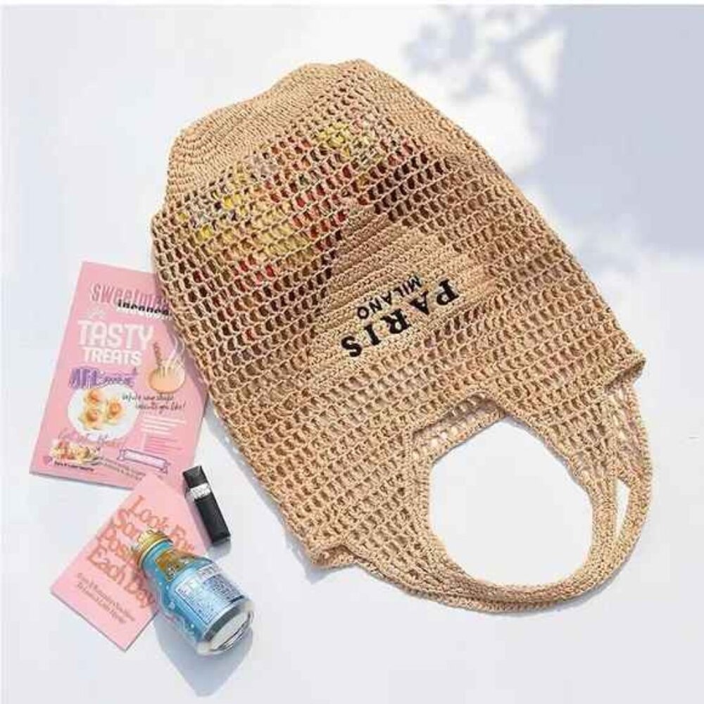 Natural Raffia Knit Tote Bag w Embroidered ‘Paris Milano’ Triangle 6.5‘’ x 15.75